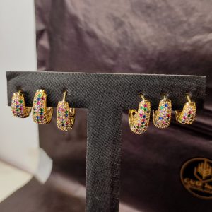Brinco Trio Argola Cravejado Zirconia Colour Gota Arituculado Banho Triplo Ouro 18K