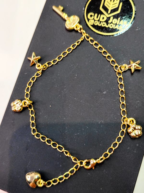 Pulseira Chave, Trevo e Estrela com Extensor - Banho Triplo em Ouro 18k - Image 5